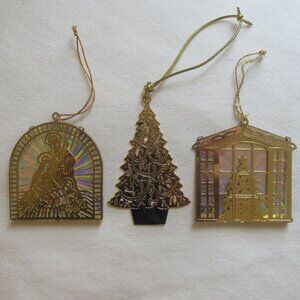 3 VTG brass Xmas ornaments; 1 G. Duchin 1988 tree; 1 nativity; 1 starburst tree
